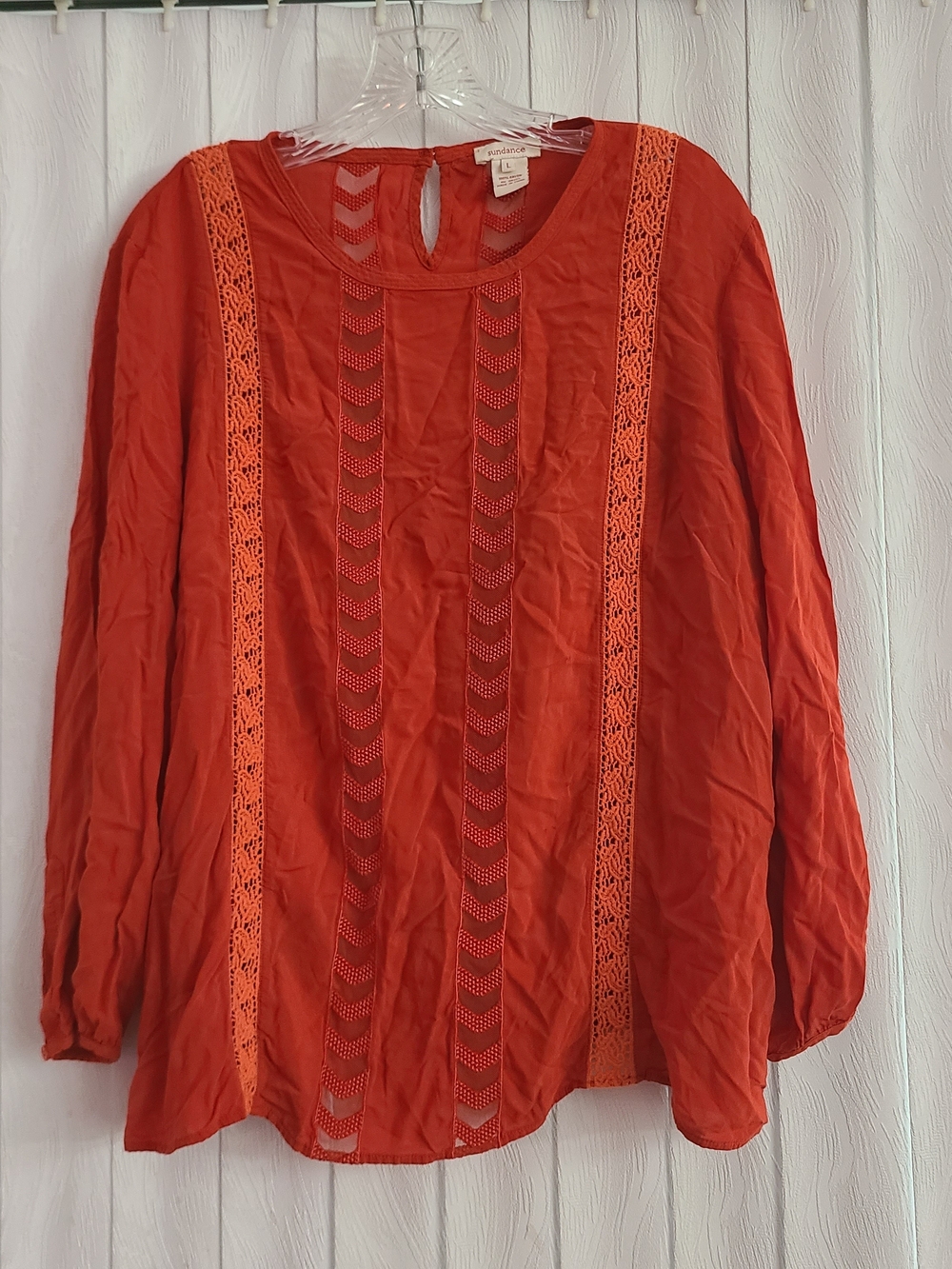 Sundance Sz L Orange Lace Crochet Panels Office Work Boho Lightweight Blouse